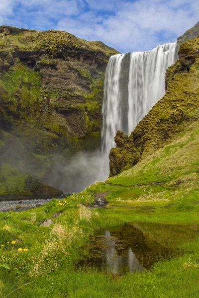 Iceland, Skogafoss Waterfall reflects in pool